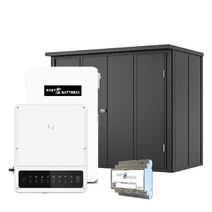Collection of solar battery storage components including a battery, controller, and cabinet on a white background.