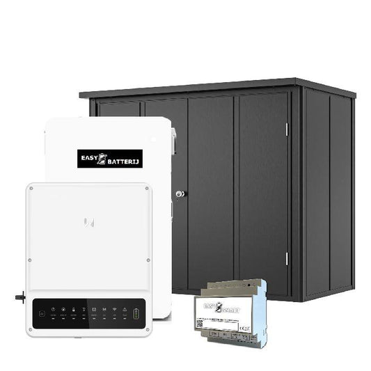 Collection of solar battery storage components including a battery, controller, and cabinet on a white background.